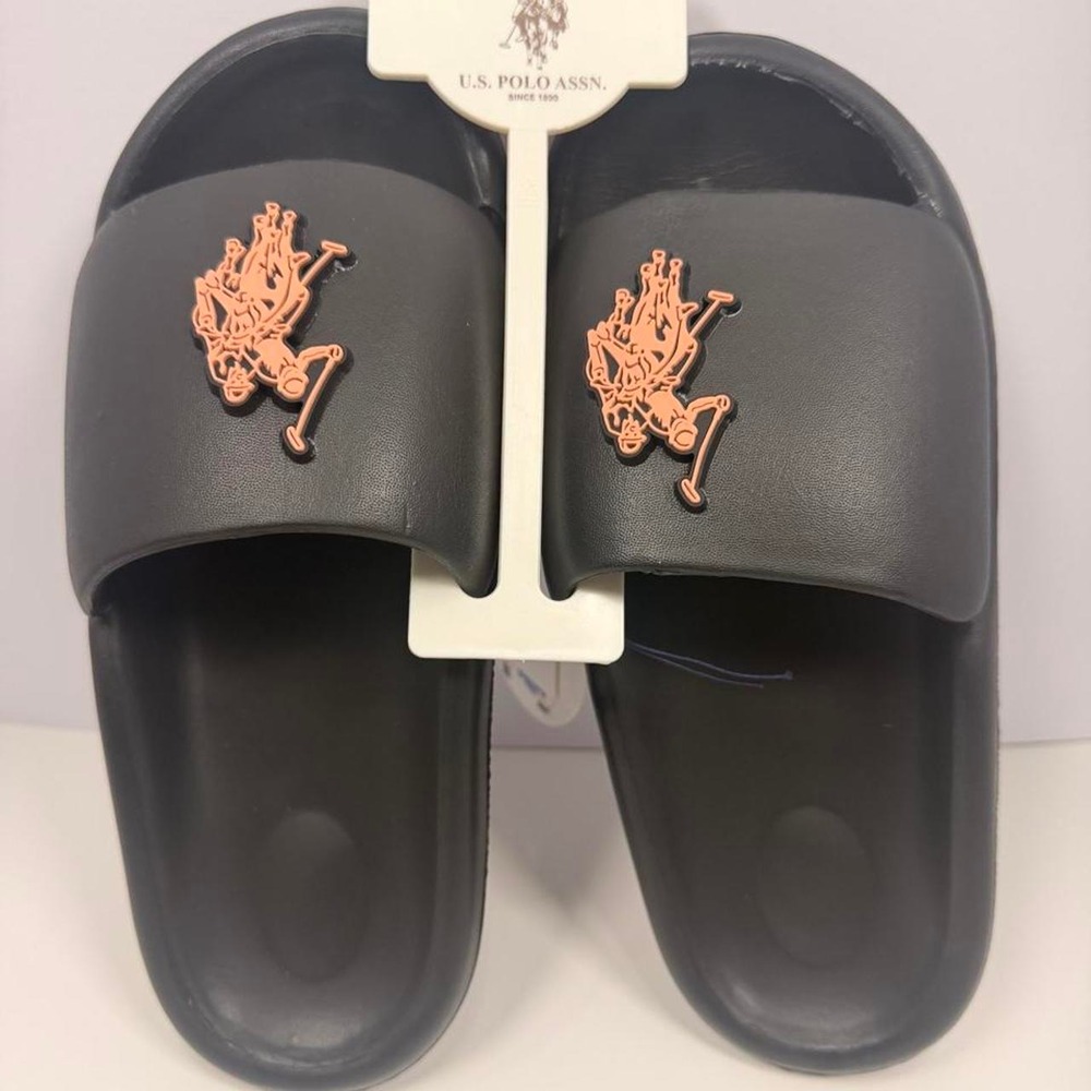 US Polo Assn Womens Black Slide Sandals Rose Gold Logo Size 7/8 NWT